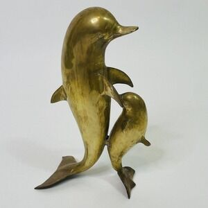 Vintage Brass Dolphins Mid Century Solid Mother Baby Figure Statue Heavy Large